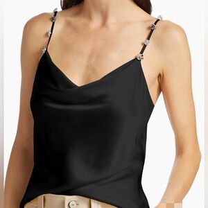 Cinq à Sept Marta Crystal-Embellished Silk Black Cami Top Size S